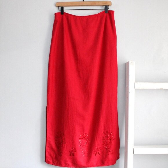 Vintage Dresses & Skirts - Edward VTG Y2K Red Linen Blend Sequin Embroidered Maxi Straight Skirt Size 12